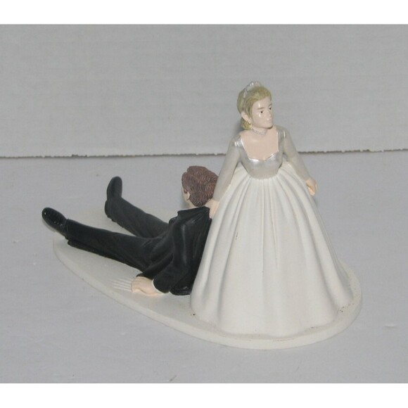 Wedding Cake Topper  Figurine Bride and Groom Humor Funny Couple Dragging Groom - Picture 1 of 4